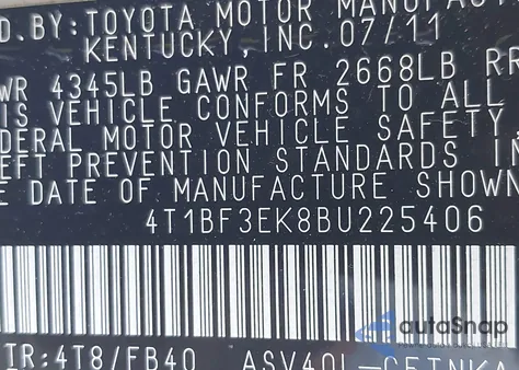 2011 Toyota Camry Le z USA, uszkodzony, nr VIN 4T1BF3EK8BU225406